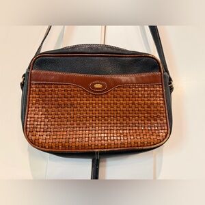 Bally Vintage 2 Tone Woven Leather Crossbody Camera Bag Brown